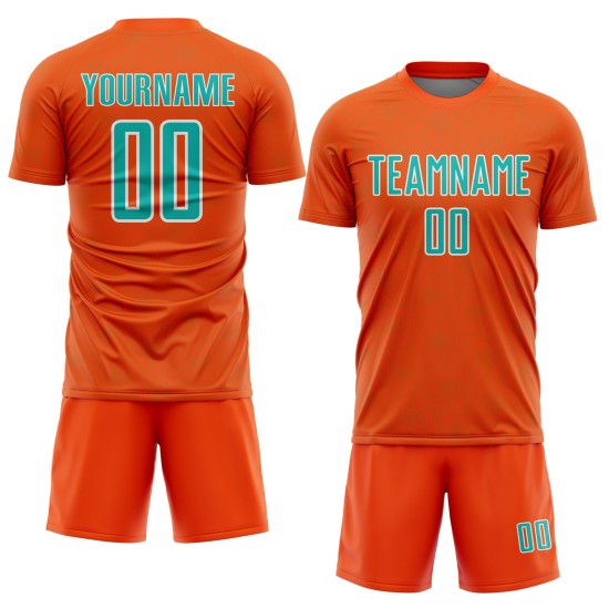 Custom Orange Uniform Sublimation Soccer Jersey Geometric Sports Shape Aqua-White Custom Orange Uniform Sublimation Soccer Jersey Geometric Sports Shape Aqua-White